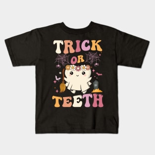 Trick Or Teeth Ghost Groovy Dental Halloween Treat Dentist Kids T-Shirt